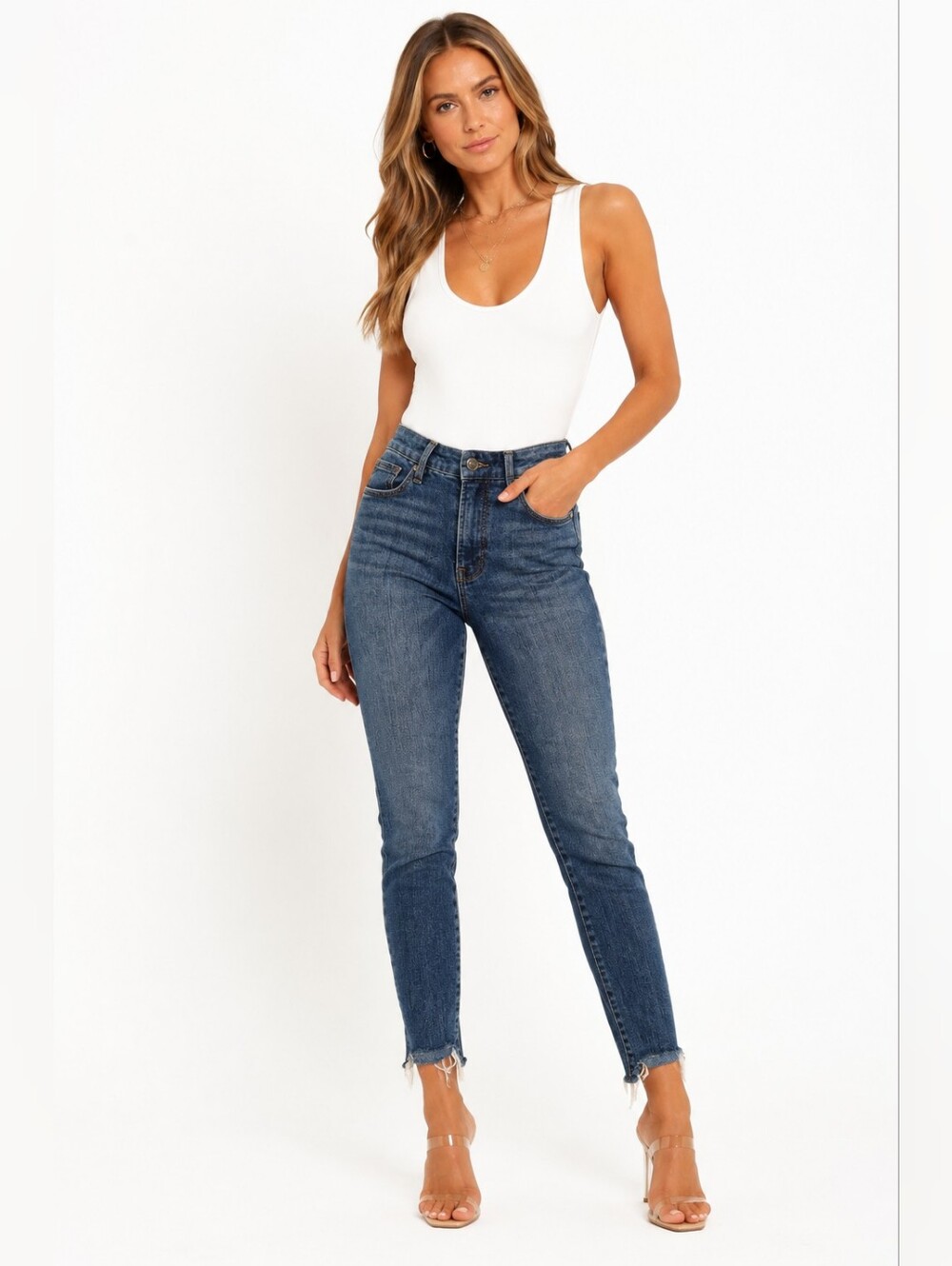 Good American High Rise Raw Hem Skinny Jeans — Size 0 / 25